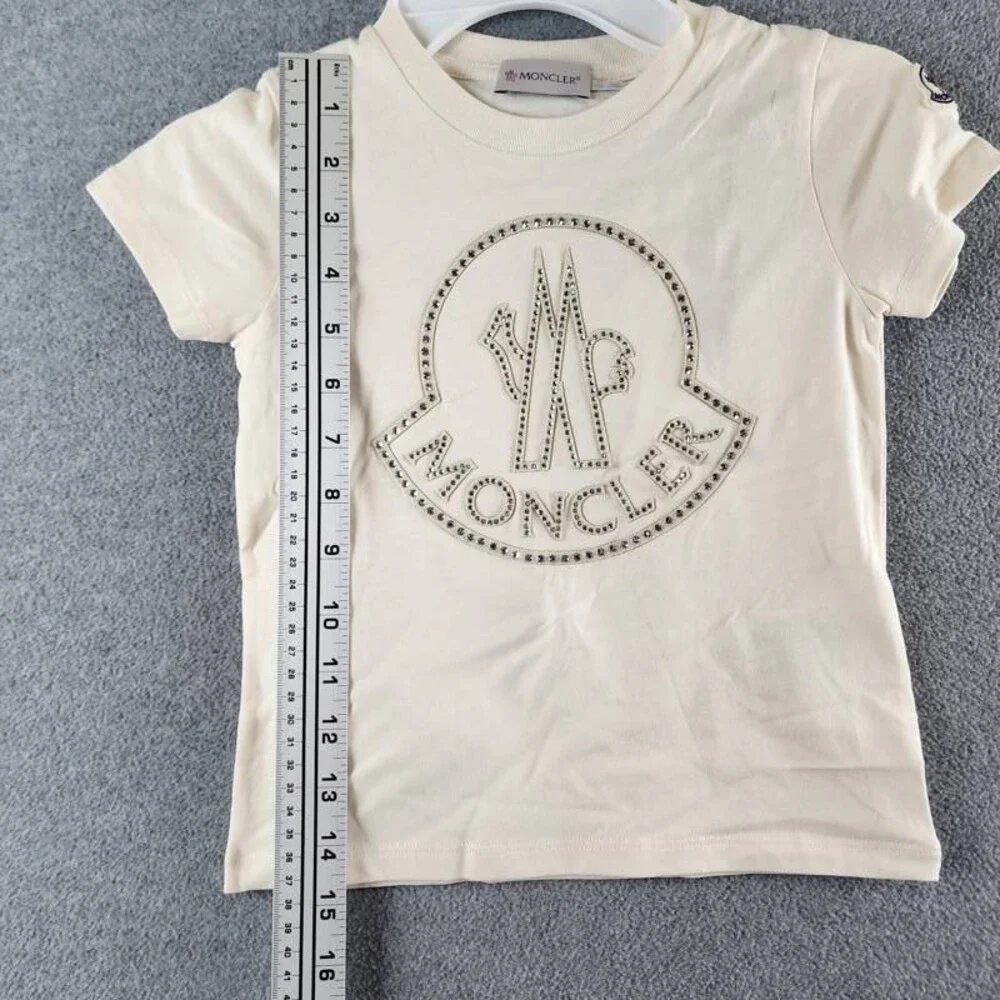 Moncler Logo Studded Graphic T-Shirt Girls 4A Cream Short Sleeve Crew Neck
